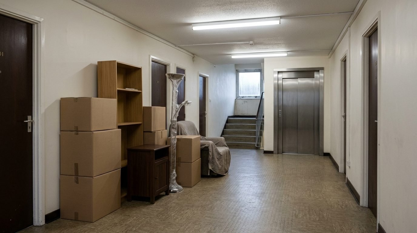 Meubels in een appartementsgang bij de lift