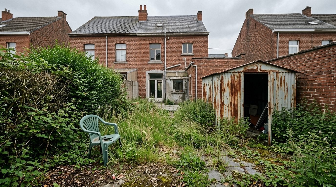 Verwilderde tuin met tuinhuis voor het opruimen