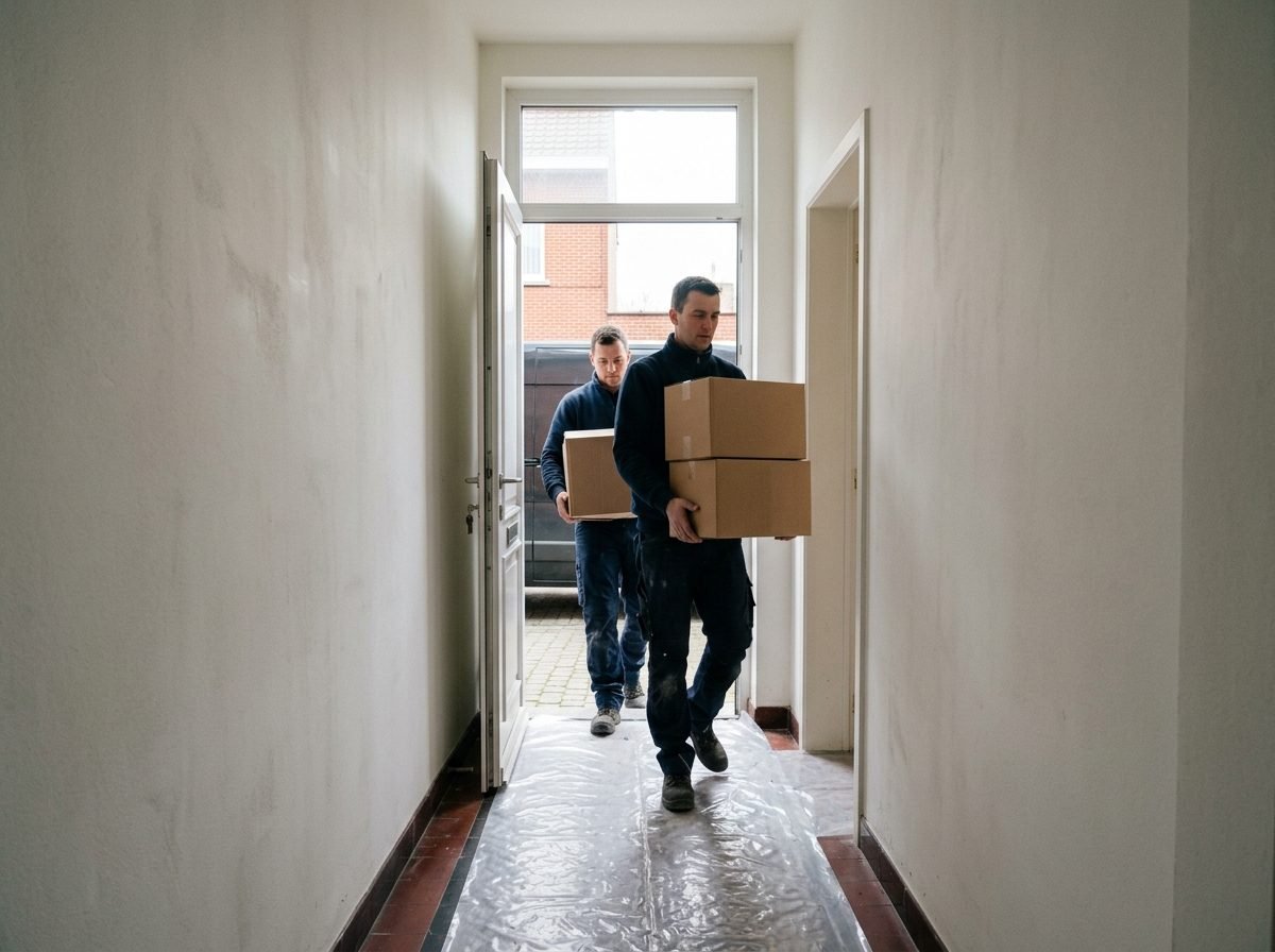 Ploeg draagt dozen door de gang