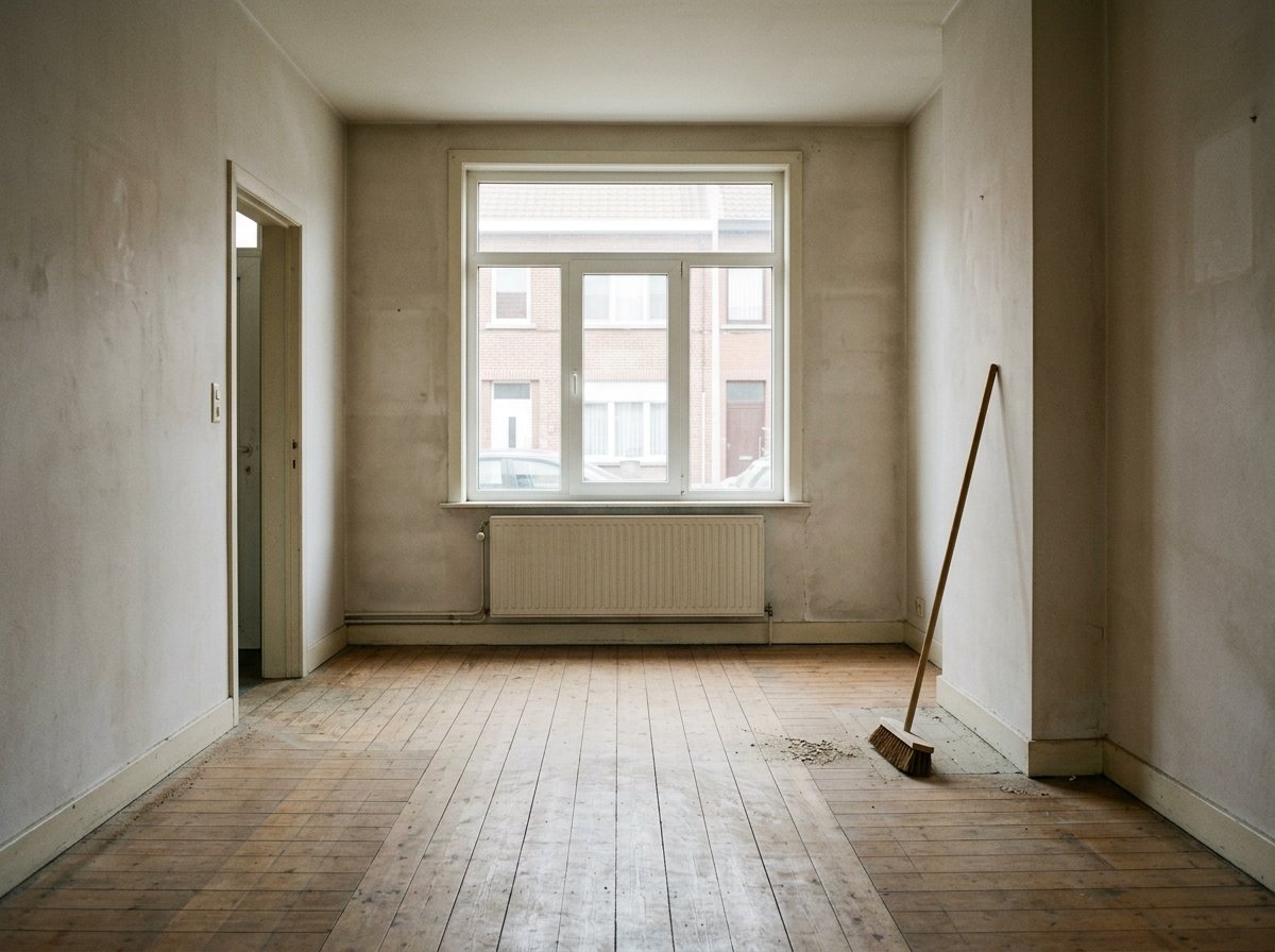 Dezelfde woonkamer bezemschoon na het leegmaken