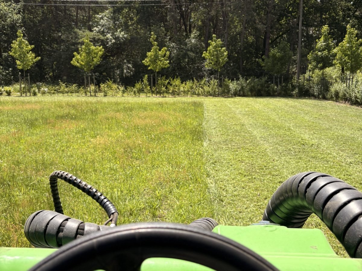 Gansleeg maait een weide met de tractor en klepelmaaier